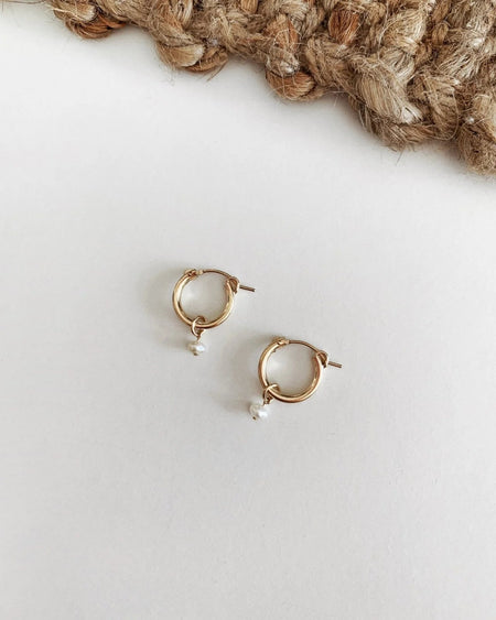 FRESHWATER PEARL THICK HOOP EARRINGS - 14K YELLOW GOLD FILL